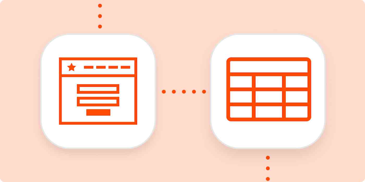 zapier-tutorials-00-form-spreadsheet Icons representing an online form and a spreadsheet in white squares on a light orange background.
