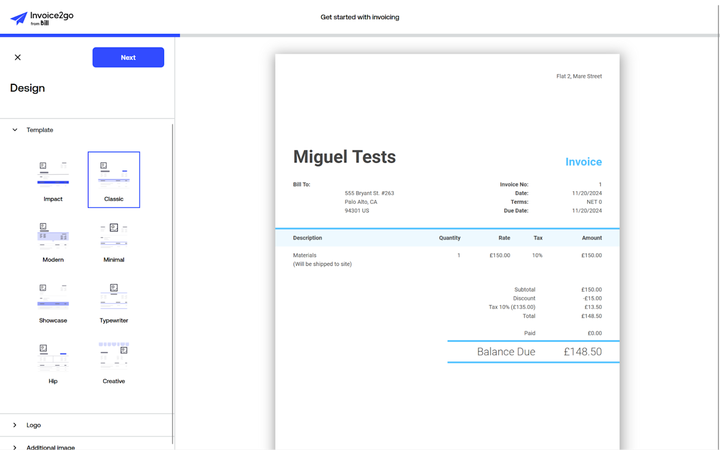 Invoice2go, our pick for the best invoicing software for sending invoices by mobile messaging apps