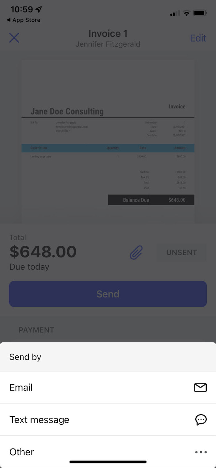 Sending Invoice2go invoices by email, text or messaging apps