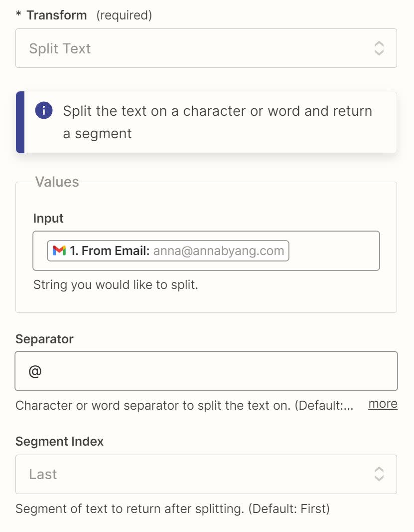 Filled in fields in a Formatter step in the Zap editor.