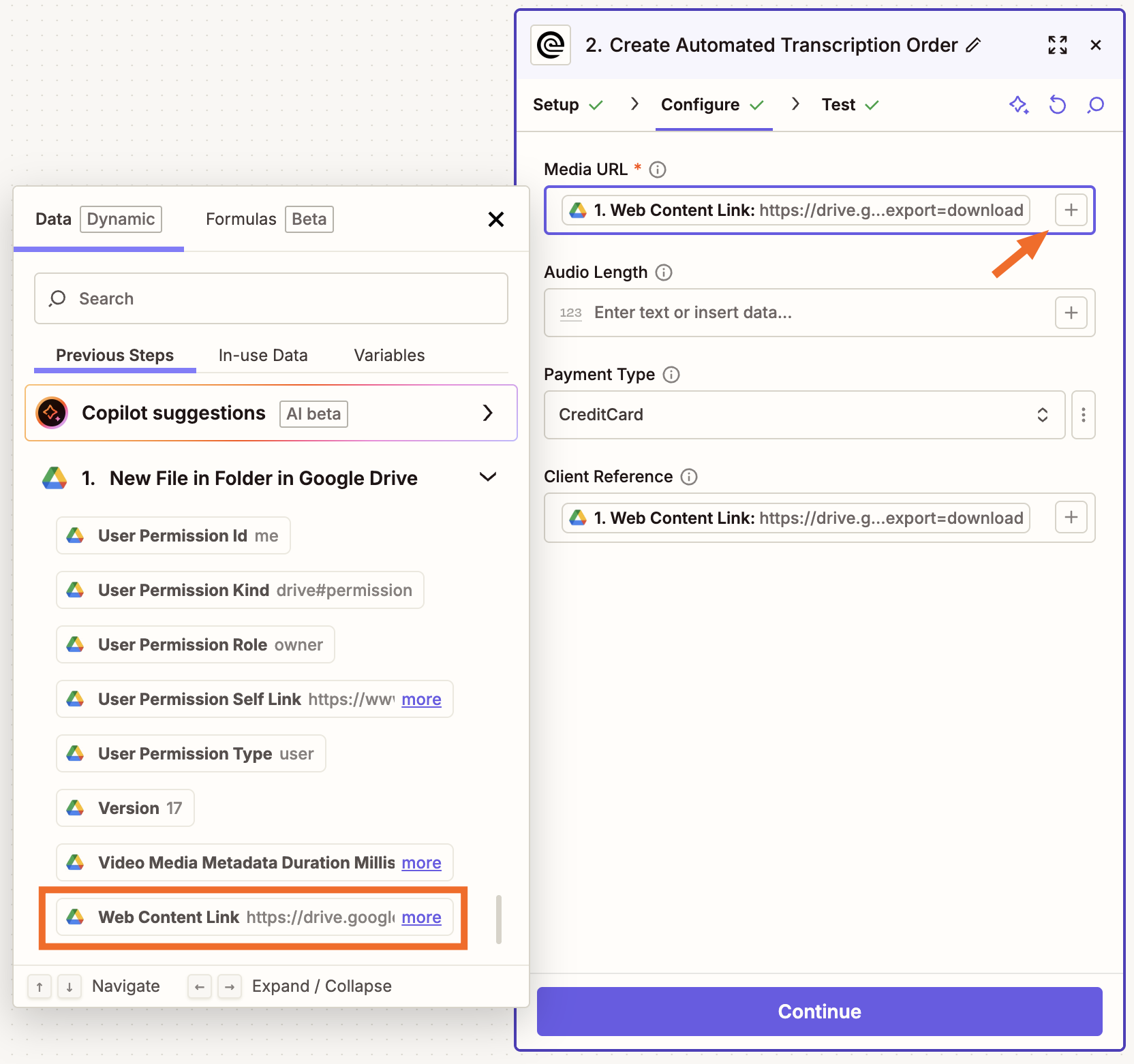 Zapier editor showing a Create Automated Transcription Order step with Media URL field filled from Google Drive data picker