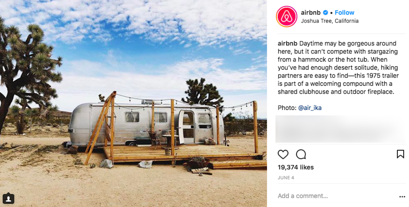 Airbnb Instagram post of a trailer in Joshua Tree