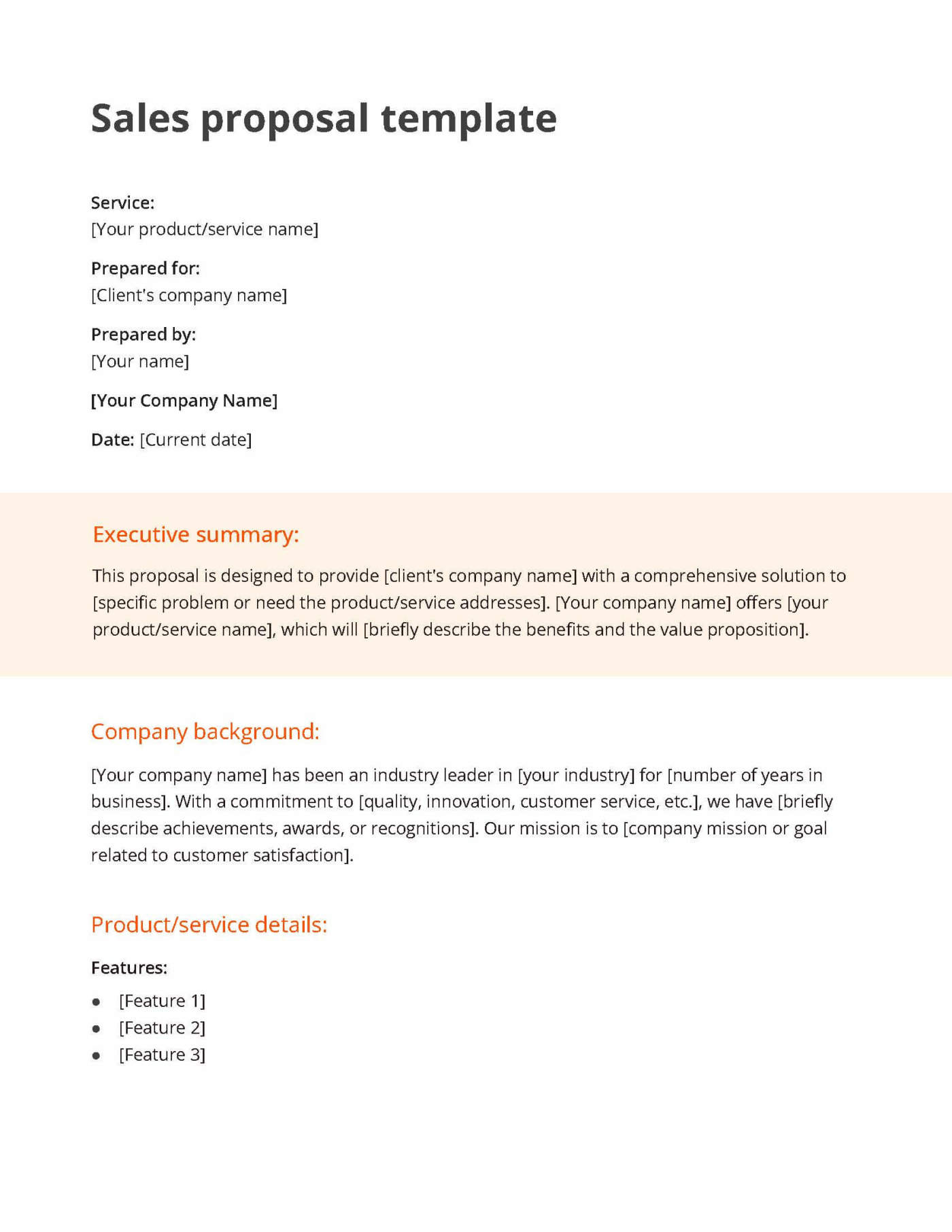 White and orange sales proposal template including a section for the executive summary, company background and product/service details