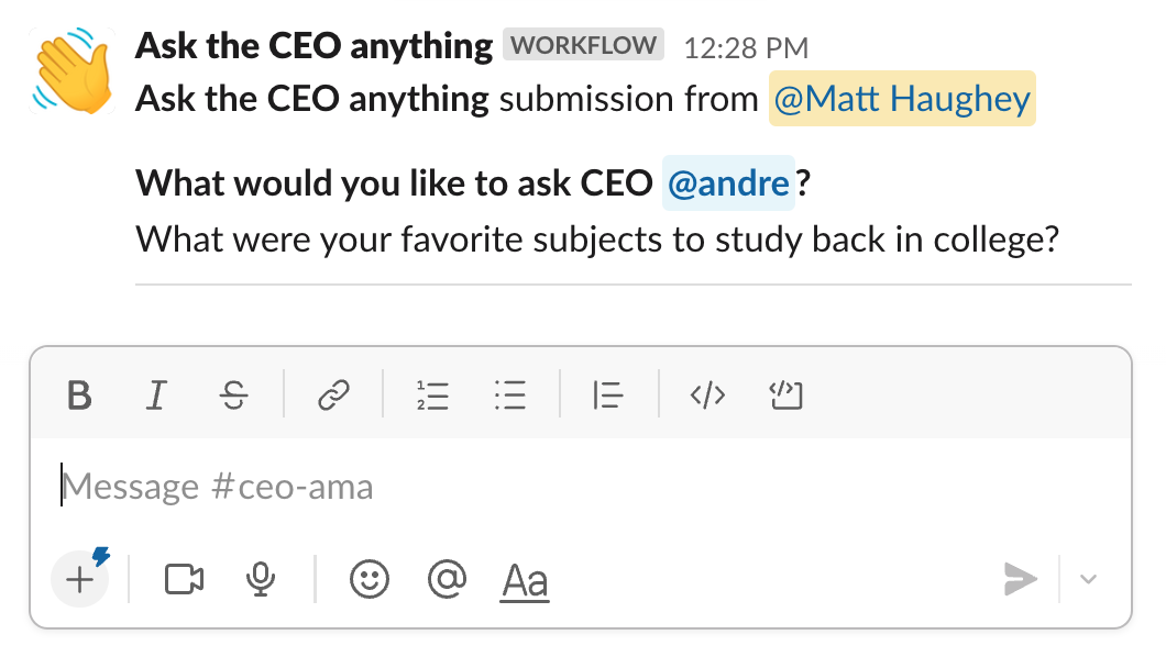 AMA submission from a workflow in Slack