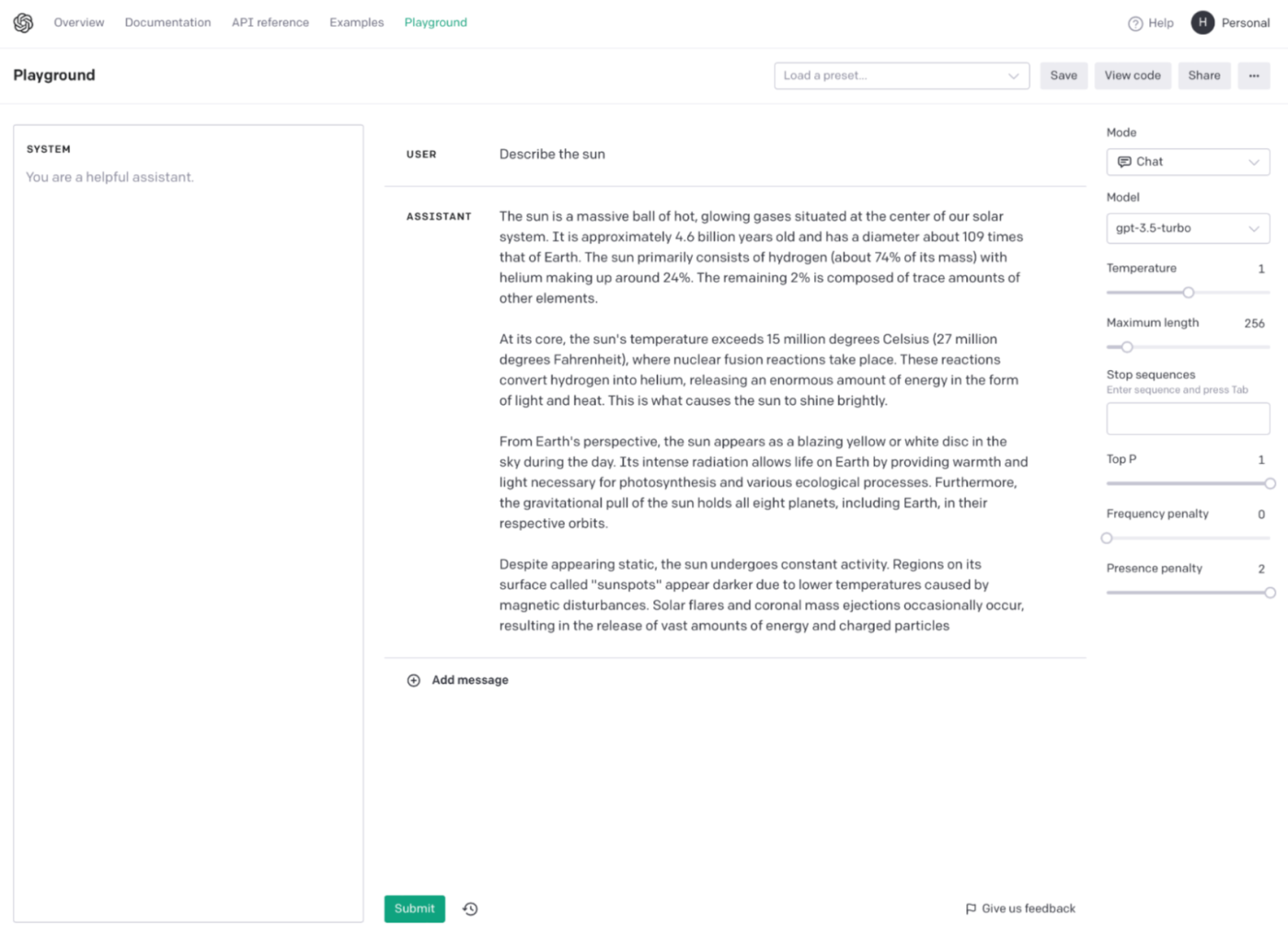 The OpenAI playground with Presence penalty set to 2