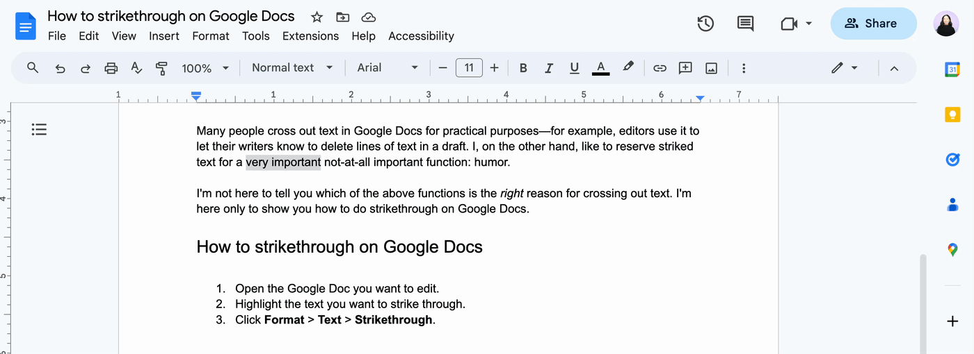Demo of how to strikethrough on Google Docs from a desktop.