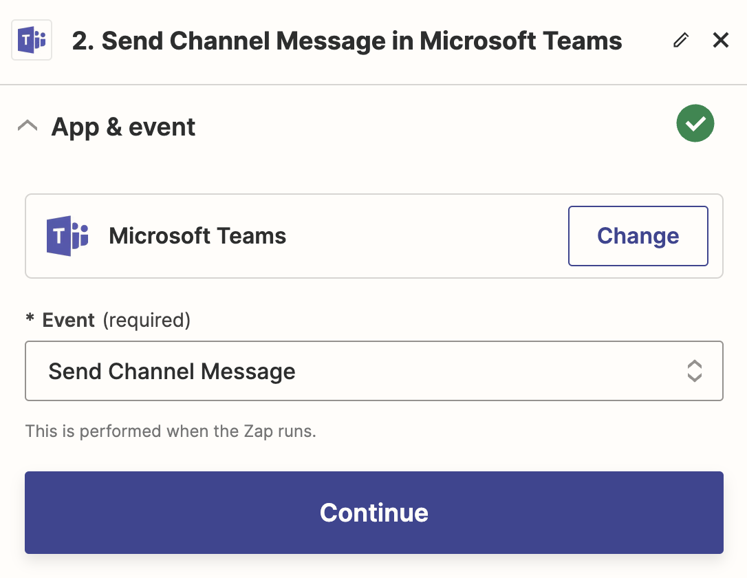 A screenshot of the setup for a Microsoft Teams action step in the Zapier workflow editor.