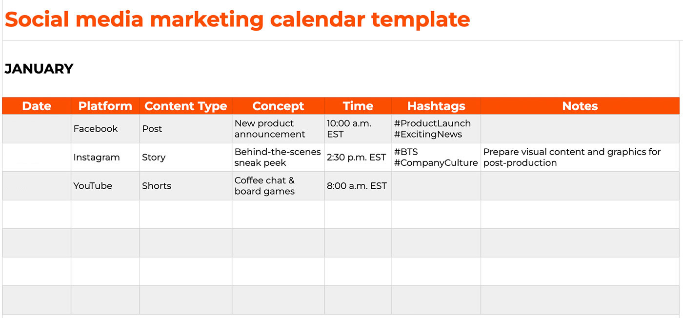 Screenshot of a social media marketing calendar template with three rows filled in.