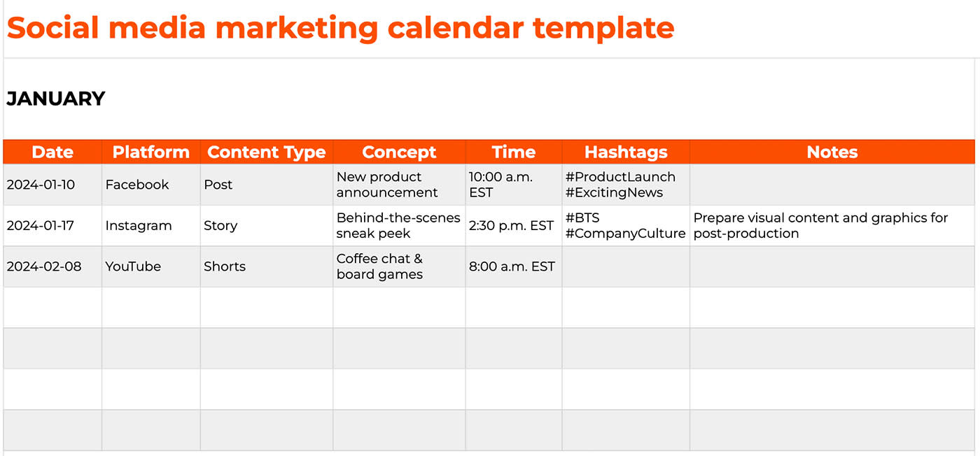 Screenshot of a social media marketing calendar template with three rows filled in.
