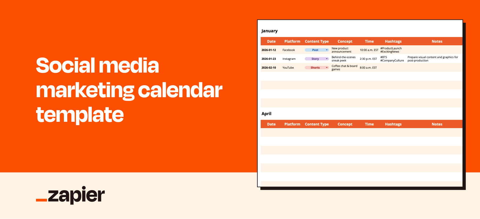 Screenshot of a social media marketing calendar template with three rows filled in.
