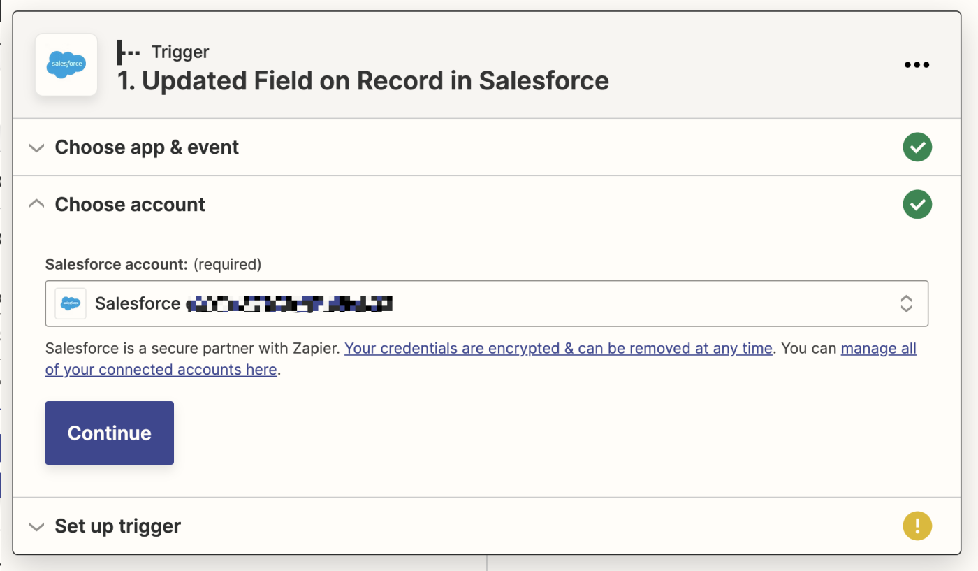A Salesforce account selected in the Salesforce account field. 