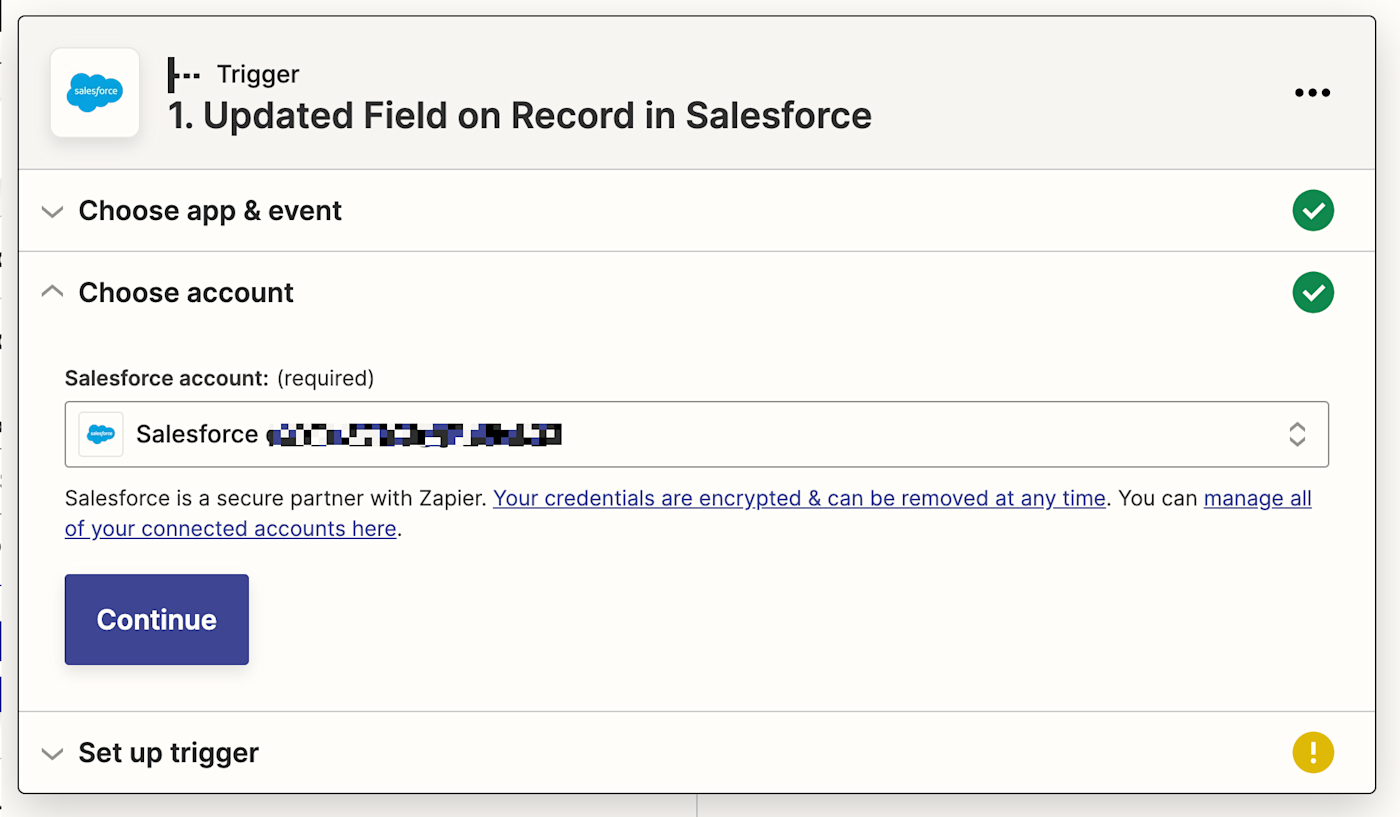 A Salesforce account selected in the Salesforce account field. 