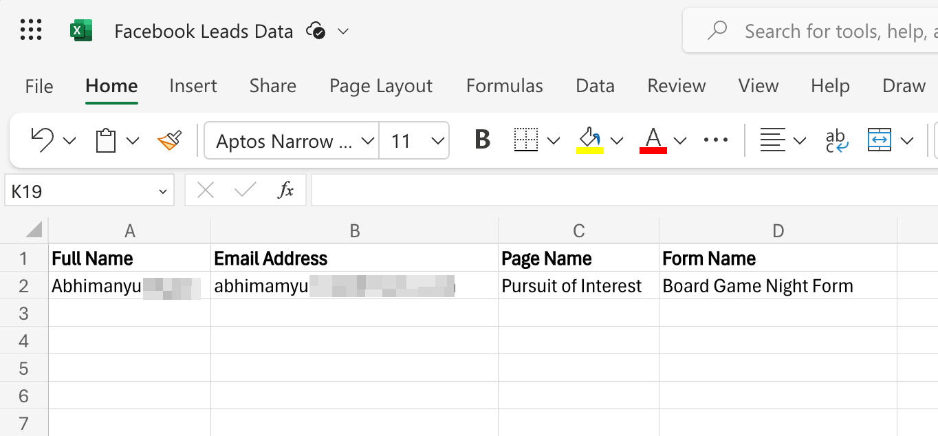 An Excel spreadsheet with a lead added from Facebook Lead Ads.
