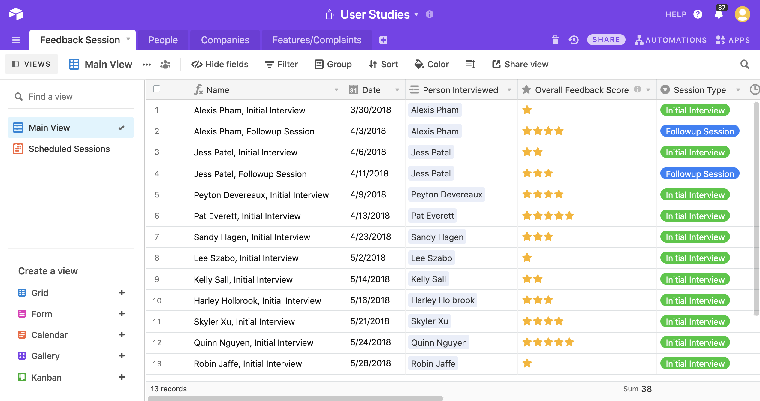 A screenshot of Airtable