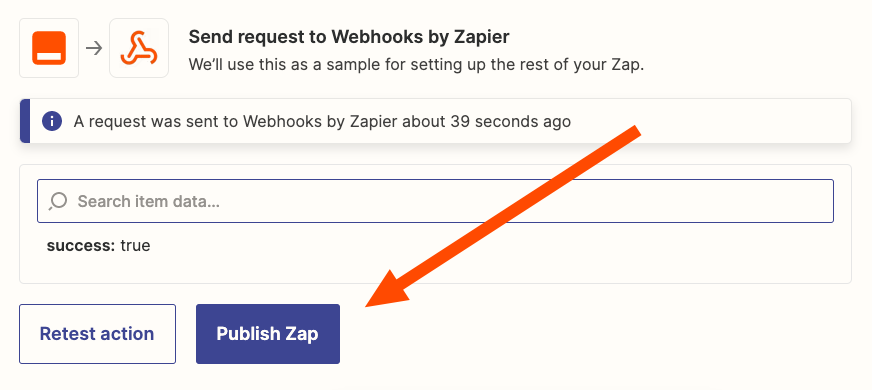 An orange arrow points to the purple Publish Zap button.