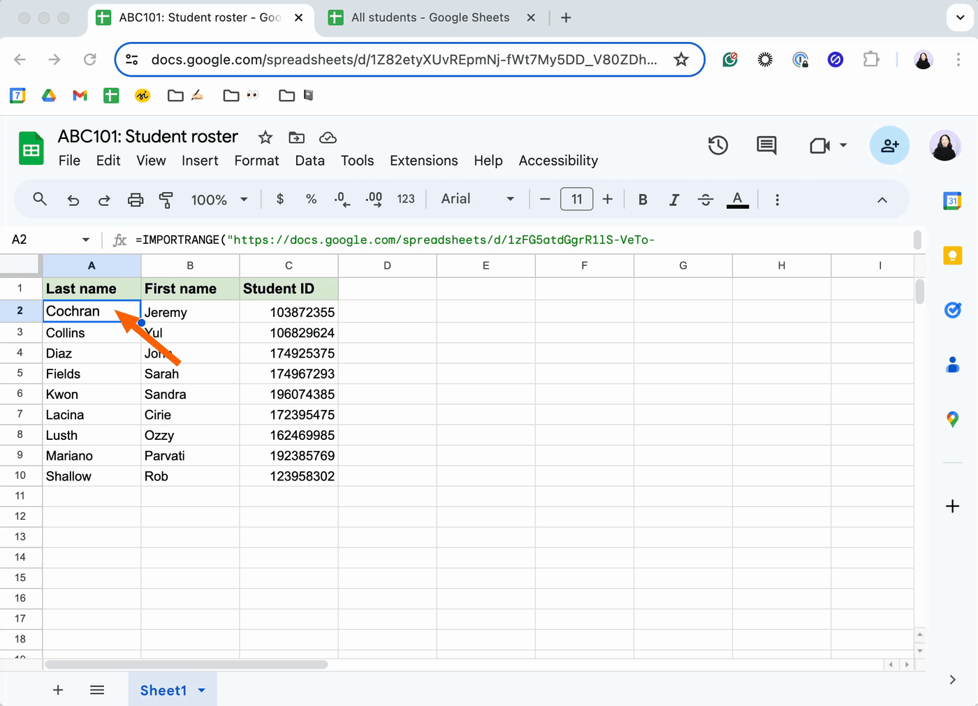 Demo of changing data in the source spreadsheet and having those changes automatically reflected in the destination spreadsheet.