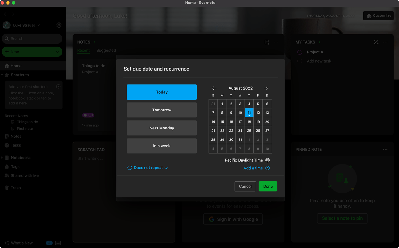 Screenshot of Evernote's interface for setting task due dates (available with the Personal plan)