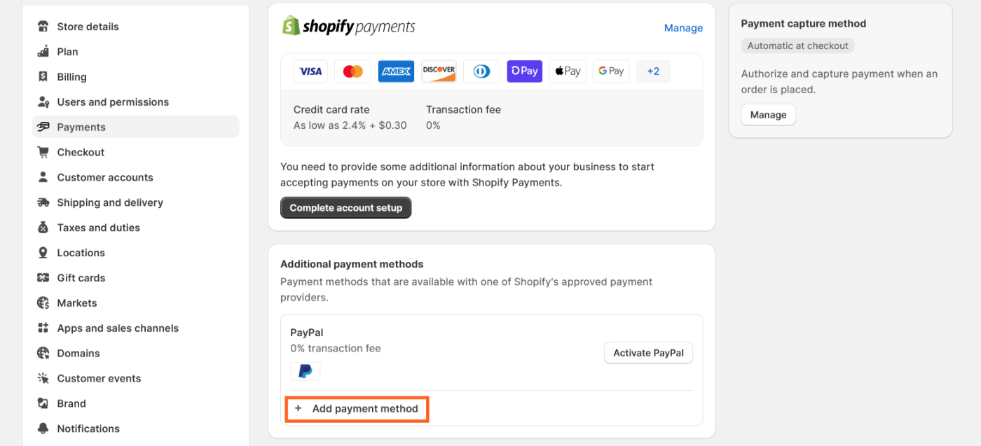 Screenshot of Shopify's Payments module, with an orange box around "Add payment method" in the additional payment methods box