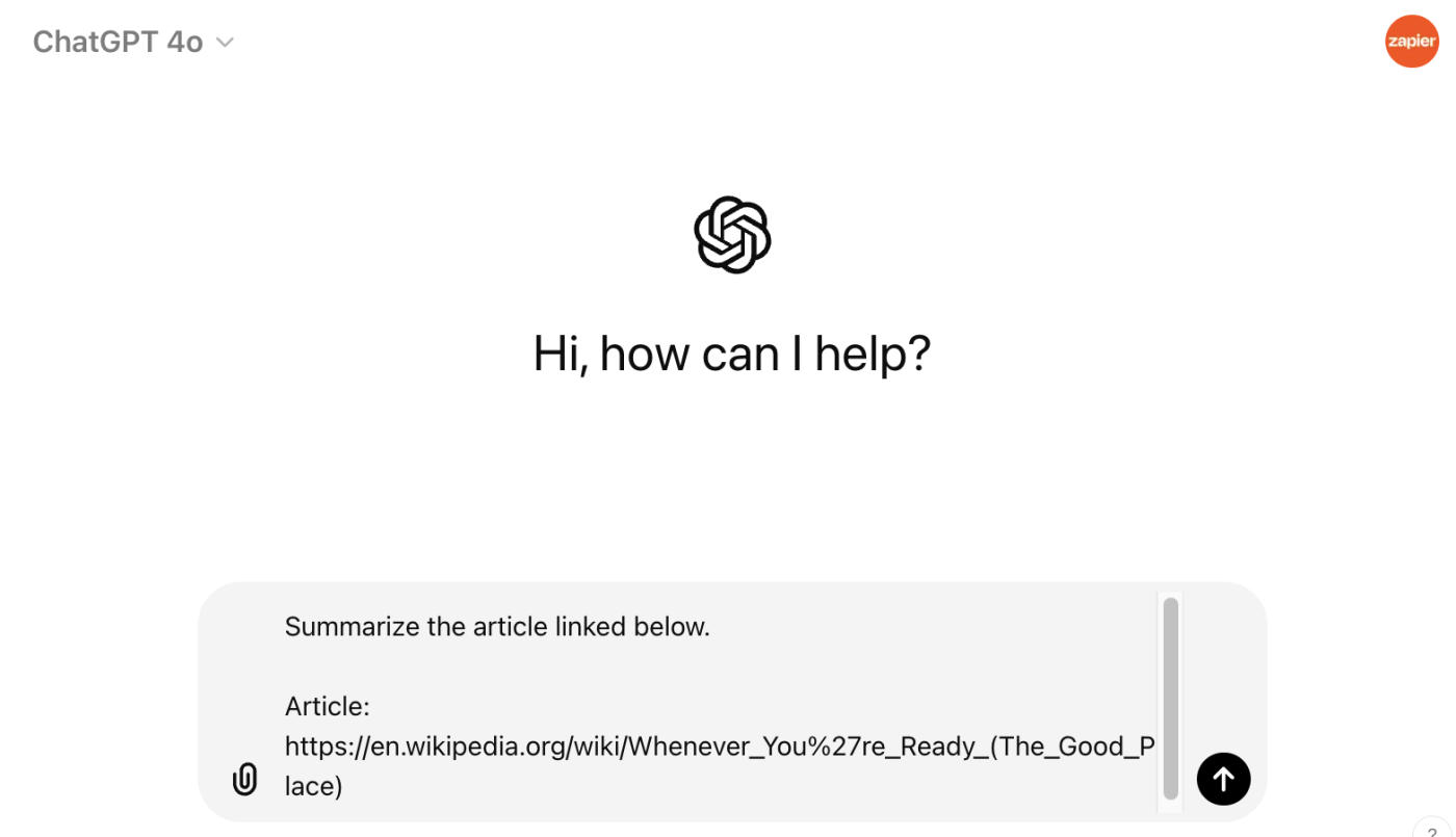 The message bar in ChatGPT with a prompt to summarize a linked article. 