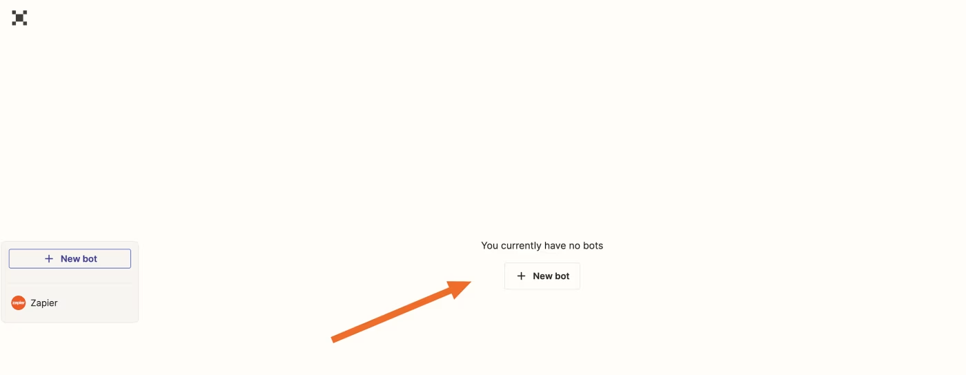 An orange arrow points to a button labelled + new bot