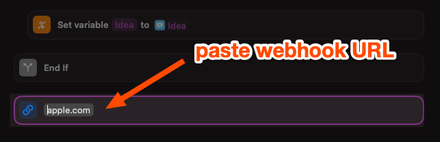 An arrow points to the URL field with text that says "paste webhook URL"