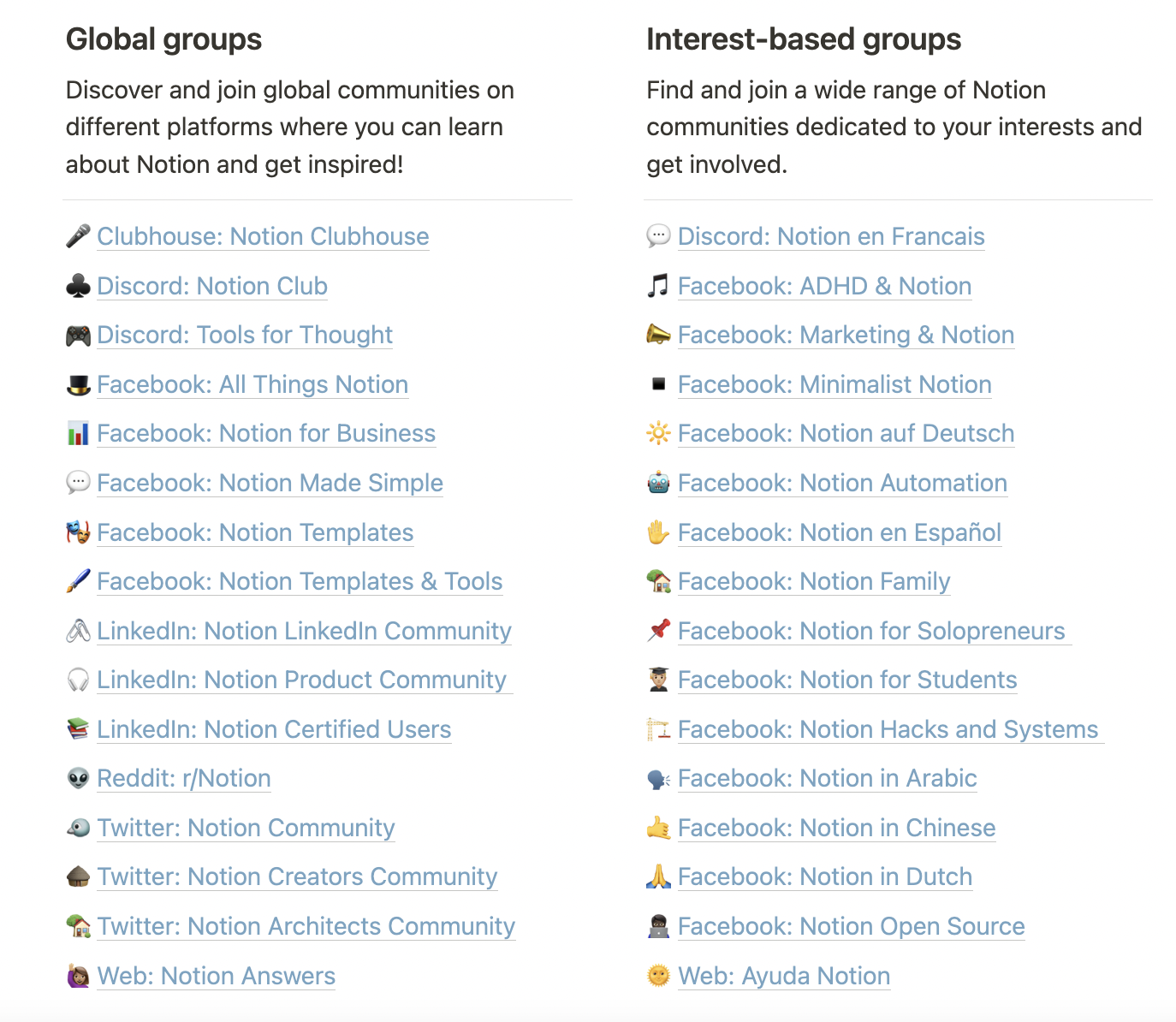 List of global and interest-based groups hosted by the Notion community. 