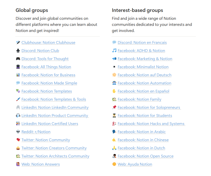 List of global and interest-based groups hosted by the Notion community. 
