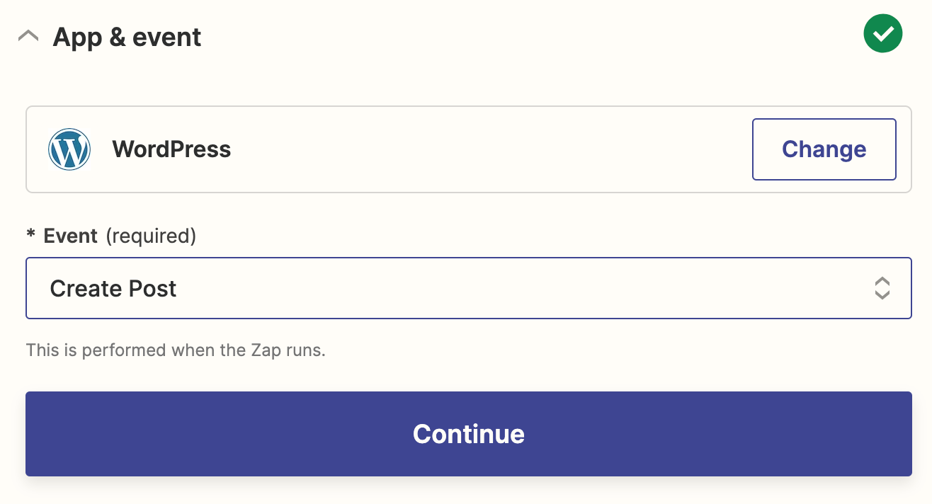 An action step in the Zap editor with WordPress selected for the action app and Create post selected for the action event.