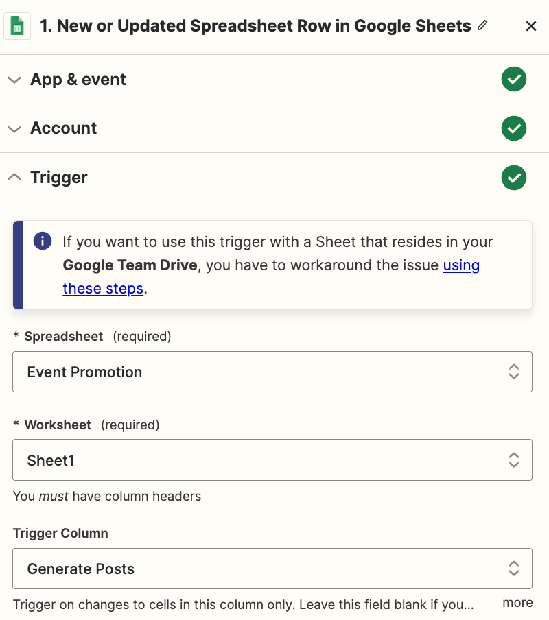 A set up Google Sheets trigger step with details entered in the trigger fields.