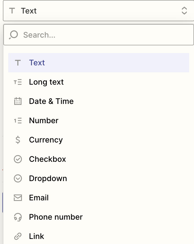 Screenshot of field types