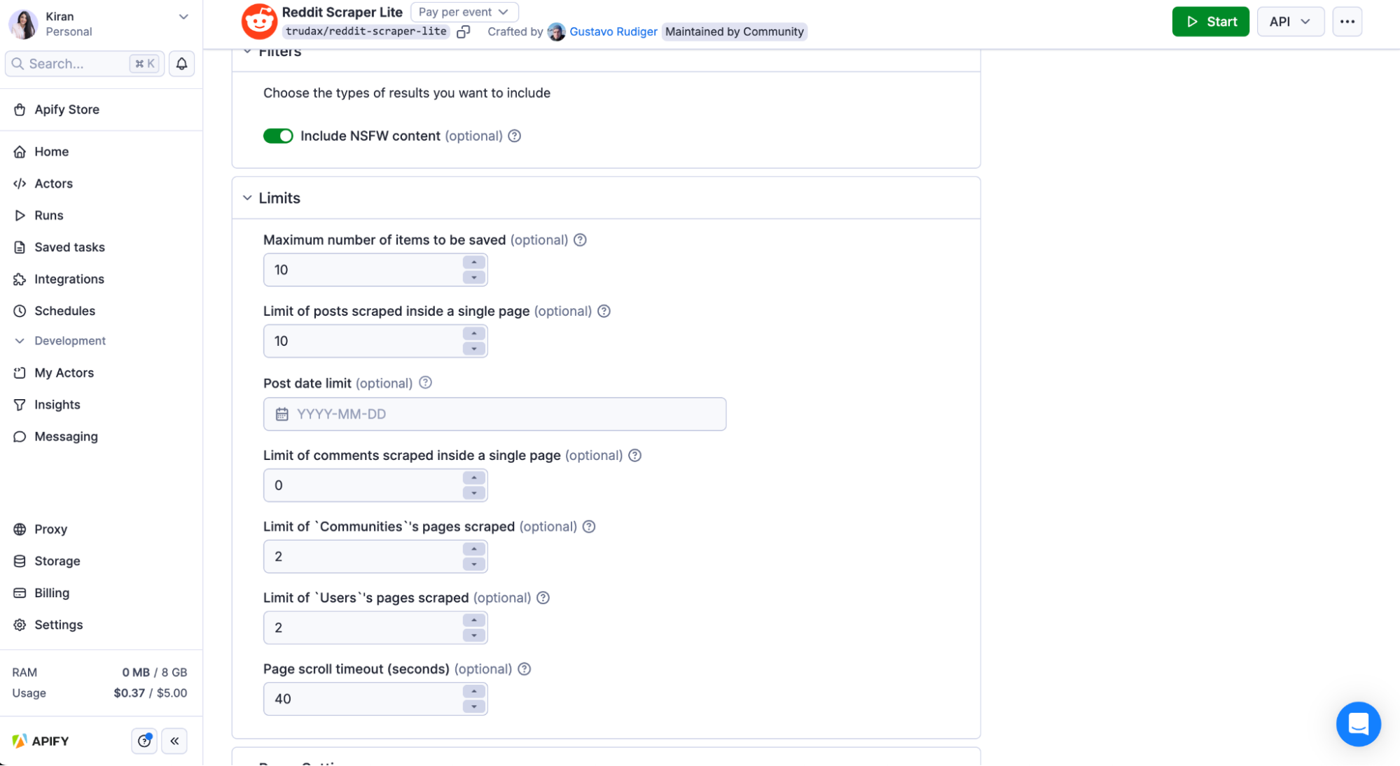 Reddit Scraper Lite limits section showing input fields for number of items, posts, comments, and page timeout values