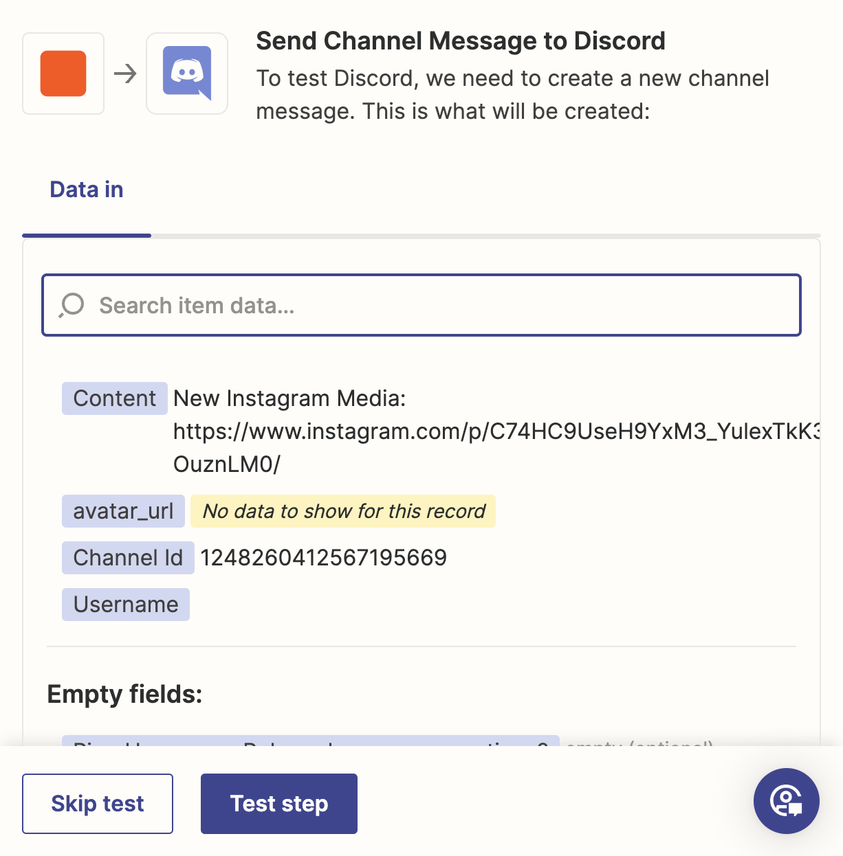 A test in the Zap editor that shows a channel message sent to Discord from an Instagram post.