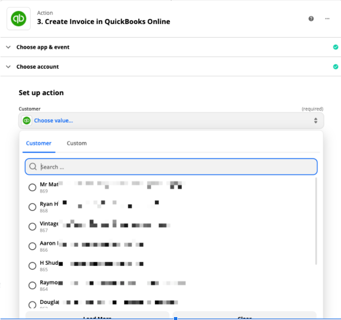 A dropdown menu in the Zap editor listing QuickBook customers. 