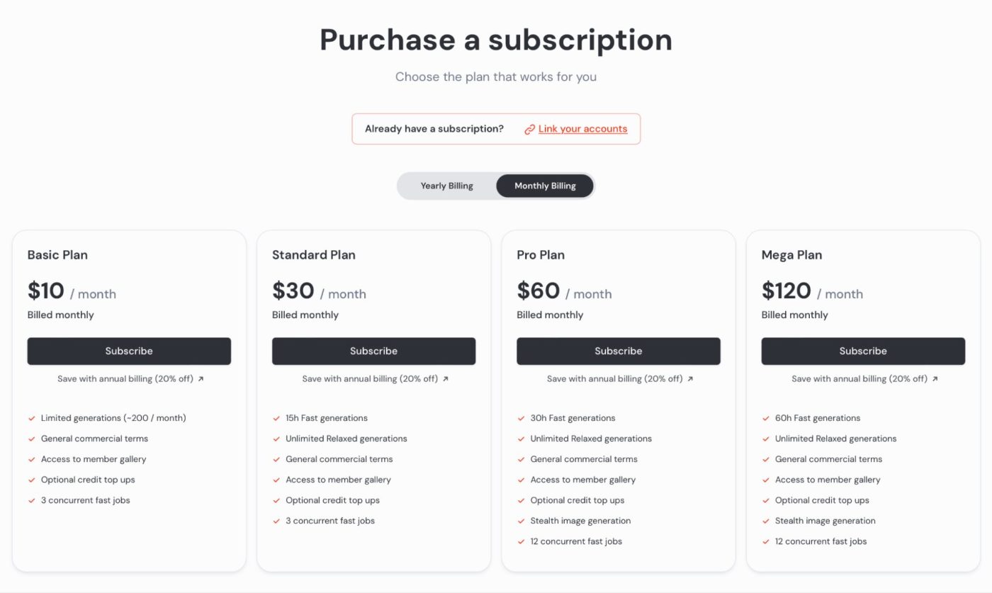 The subscription plan options for Midjourney