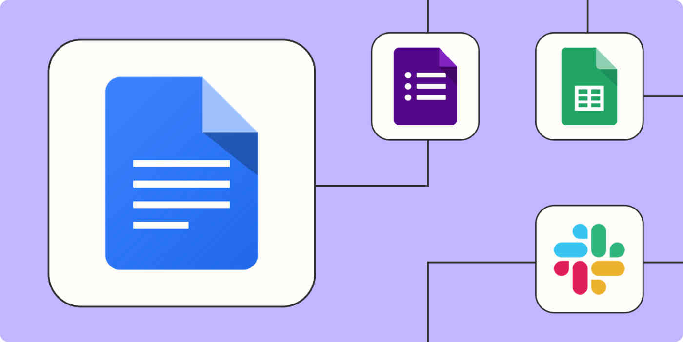 A hero image of the Google Docs app logo connected to other app logos on a light purple background.