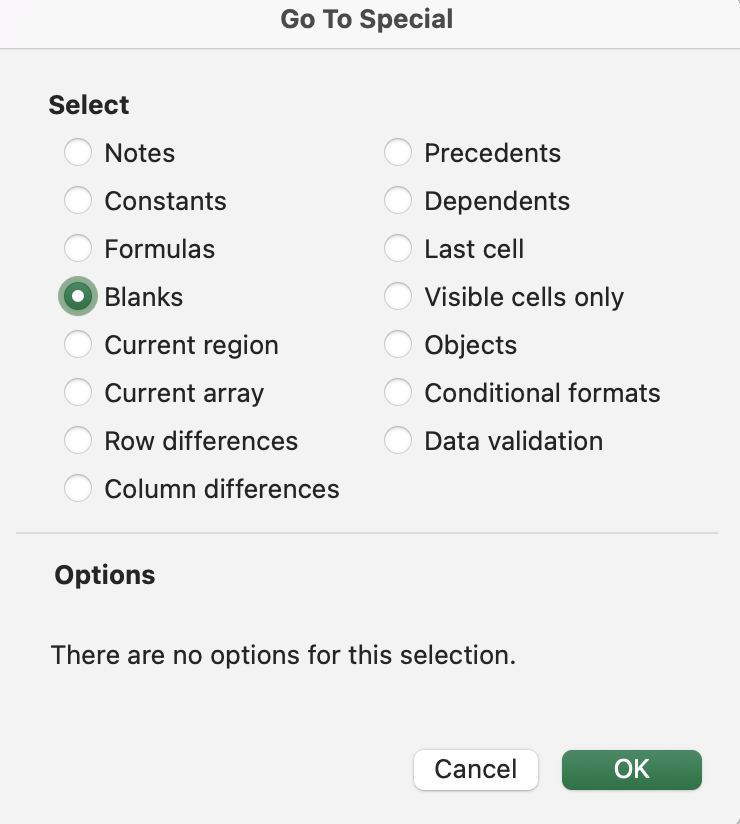 Go To Special popup in Excel with the option for blanks selected.