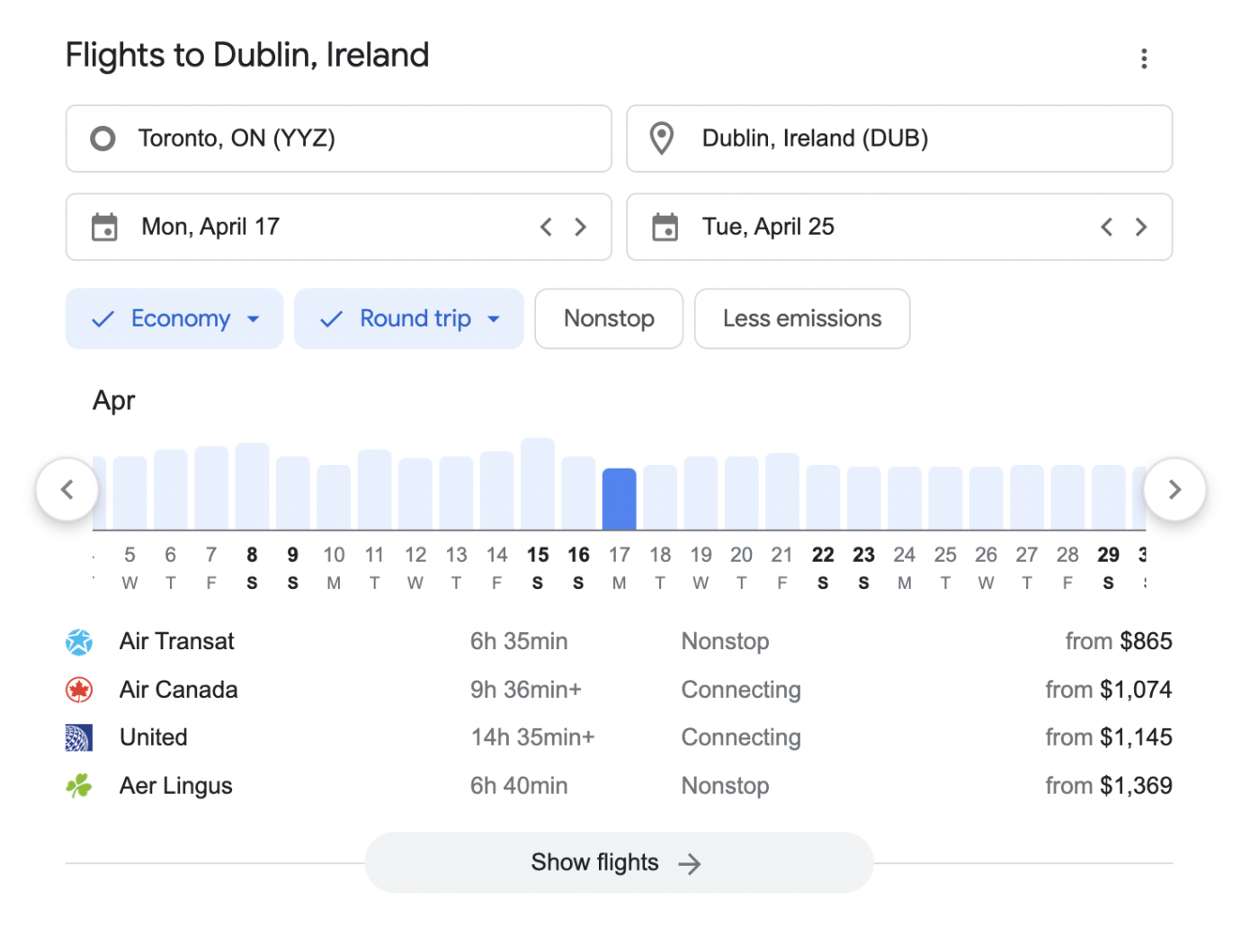 A list of flight options from Toronto, Ontario to Dublin, Ireland.