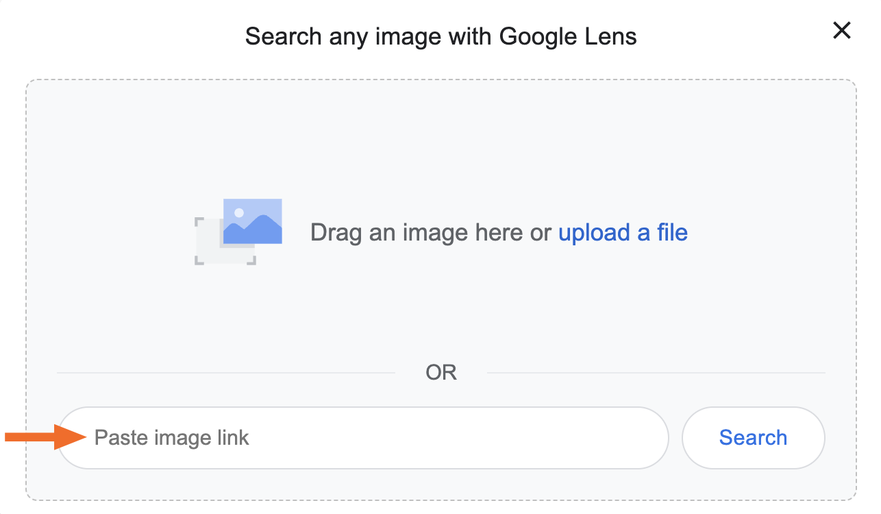 Google Lens popup with an arrow pointing to the option to paste an image link to do a reverse image search.