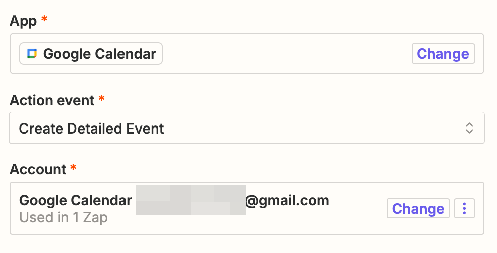 A screenshot of the action step in the Zap editor. Google Calendar is selected as the app and Create Detailed Event is selected as the action event. 