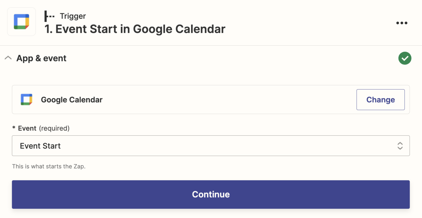 A trigger step in the Zap editor with Google Calendar selected for the trigger app and Event Start selected for the trigger event.