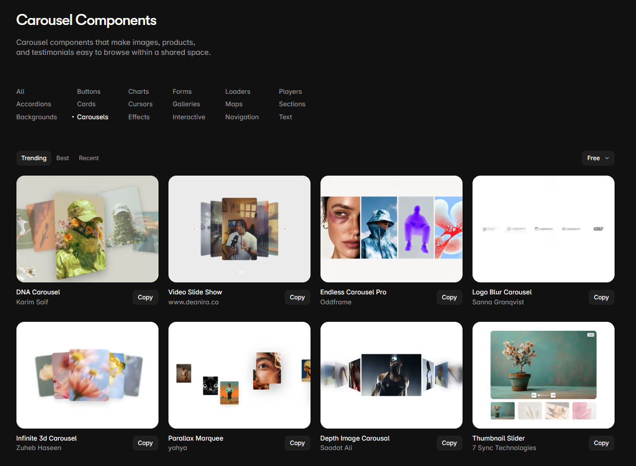 Interactive carousel components in the Framer marketplace