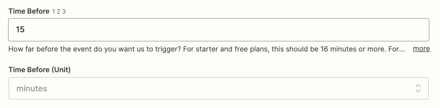 15 entered in the "Time Before" field above the "Time Before (Unit)" field