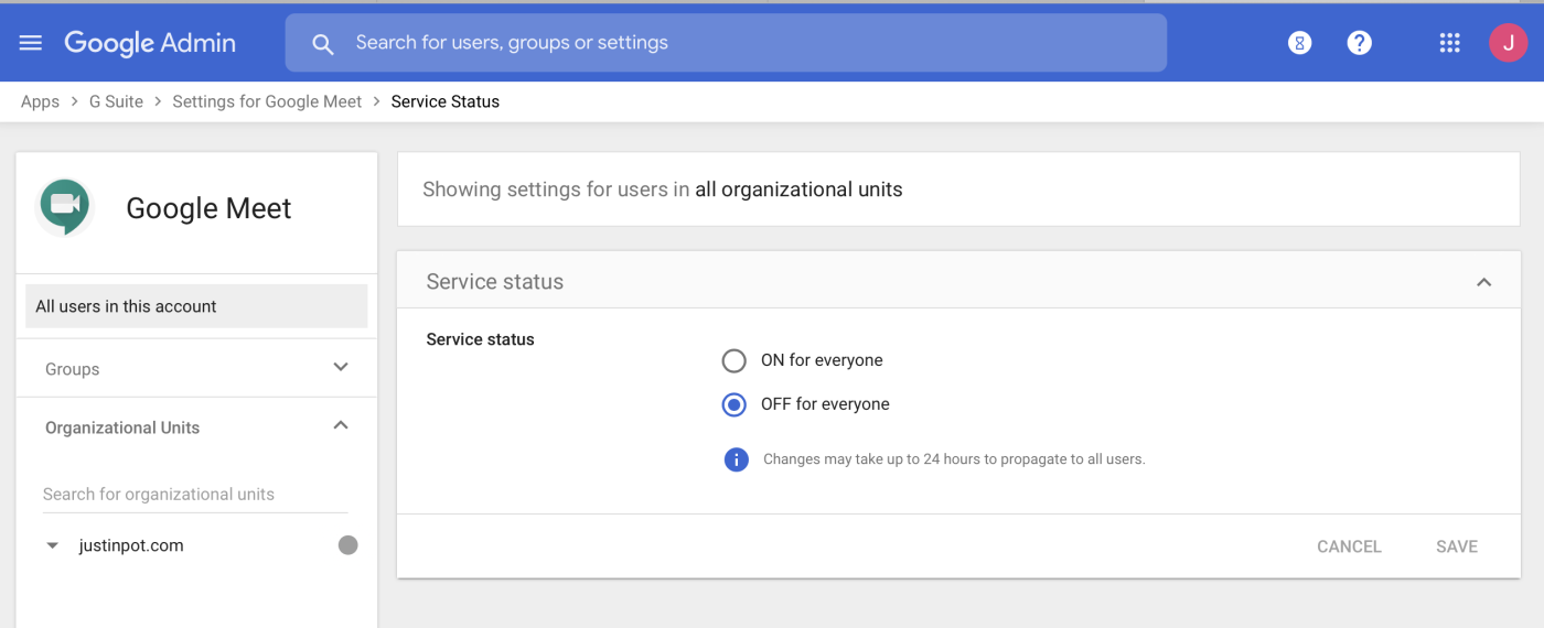 Turn off Google Meet in Google admin