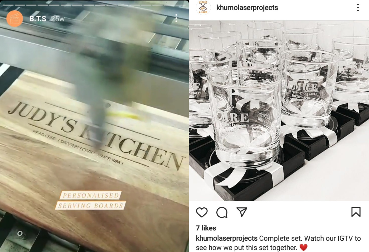 Instagram posts showing behind-the-scenes information from Judith's husband's business