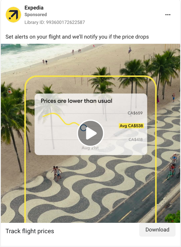 Problem/solution video Facebook ad example from Expedia. 