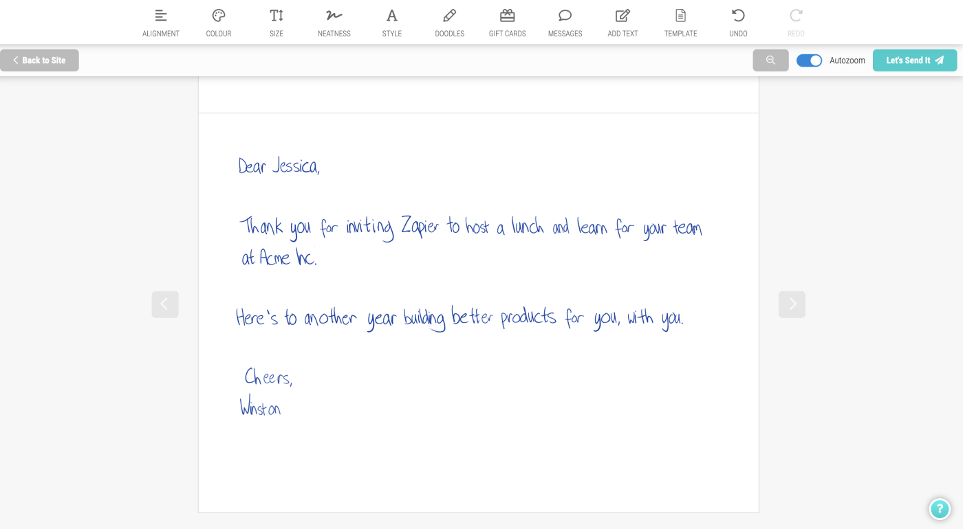 A message draft in the Cardly web app with a row of formatting tools above the message box.