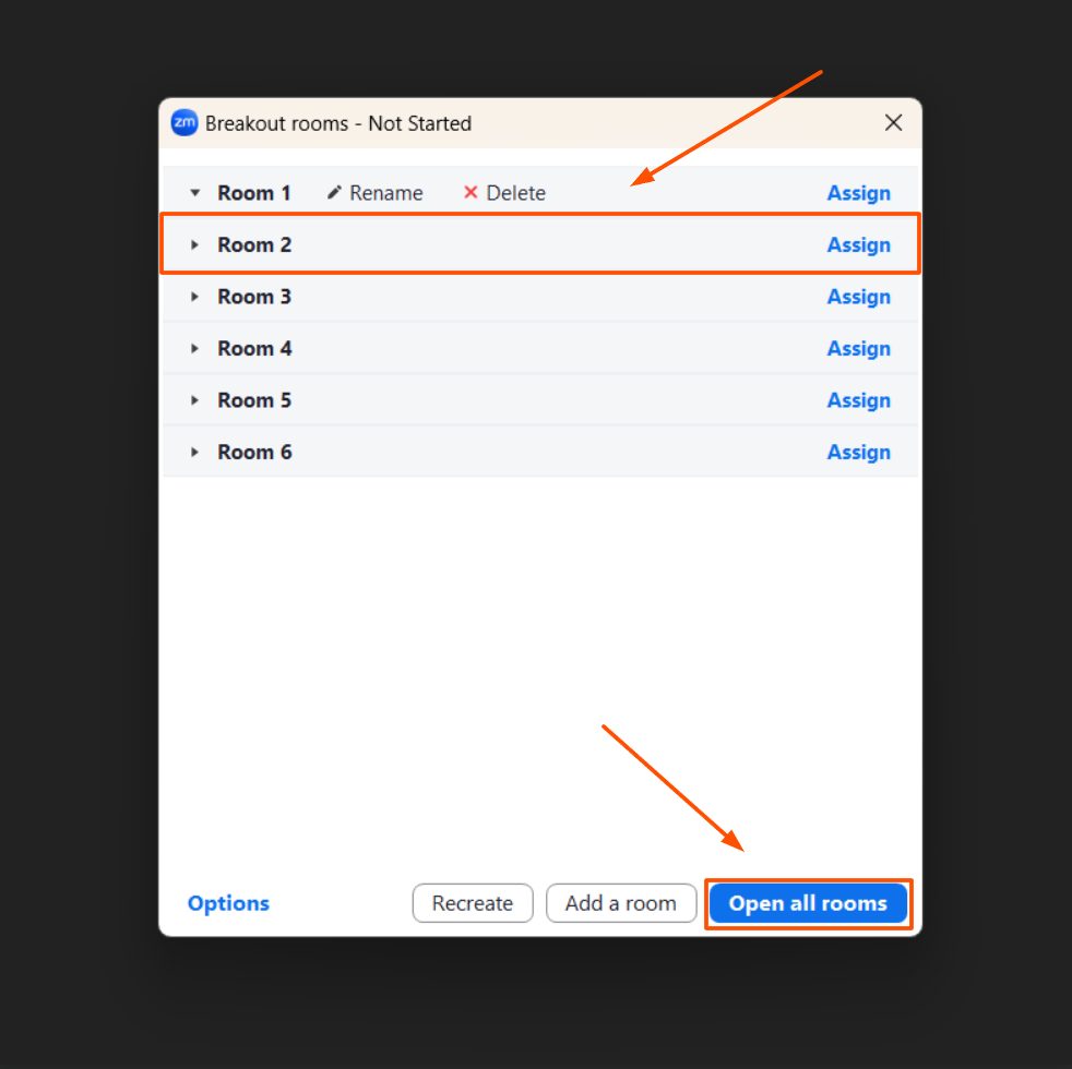 Screenshot of the same window in Zoom where you can assign participants to a breakout room during a meeting