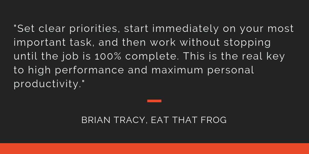 Eat That Frog principle 21: Set clear priorities, start immediately on your most important task, and then work without stopping until the job is 100% complete. This is the real key to high performance and maximum personal productivity.