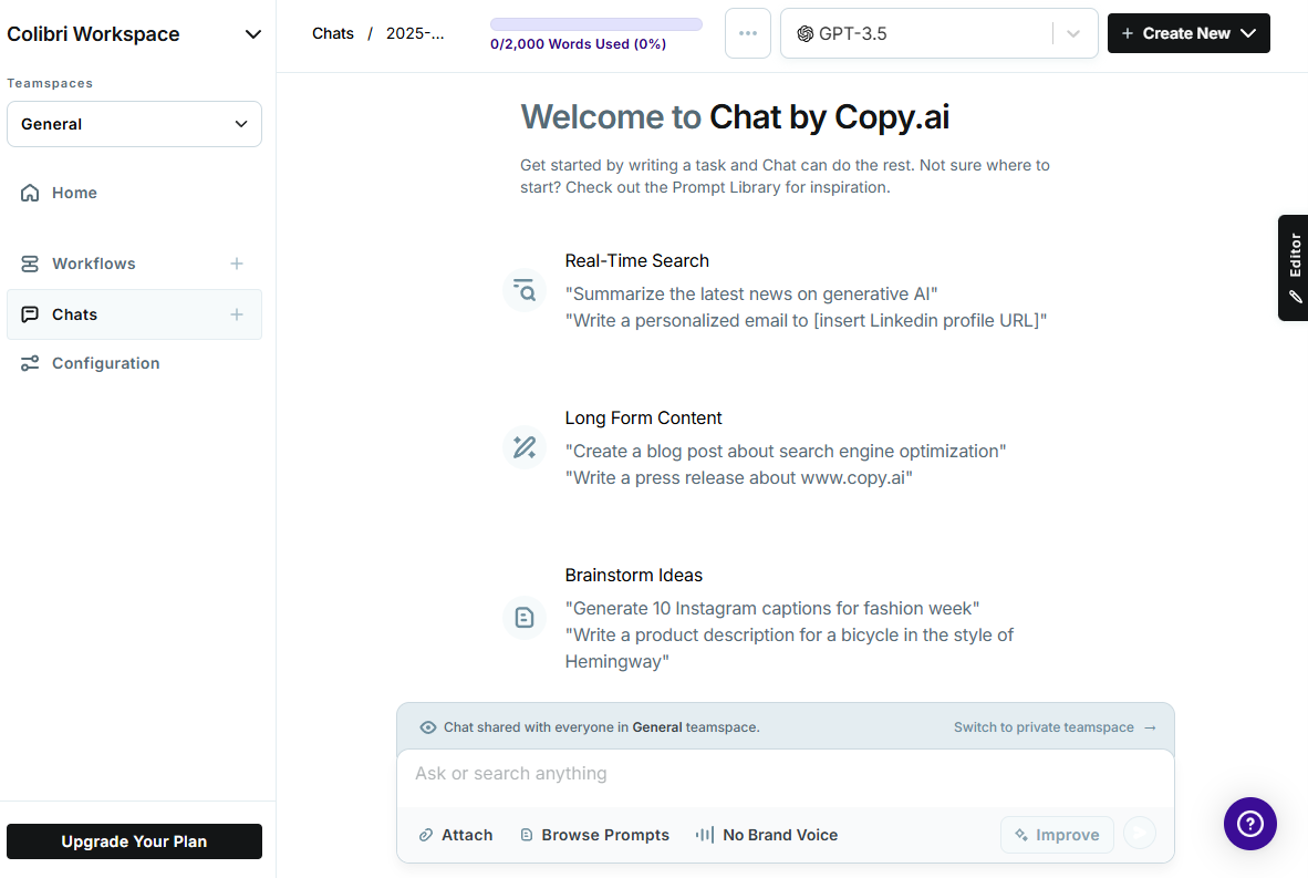 The Chat by Copy.ai interface