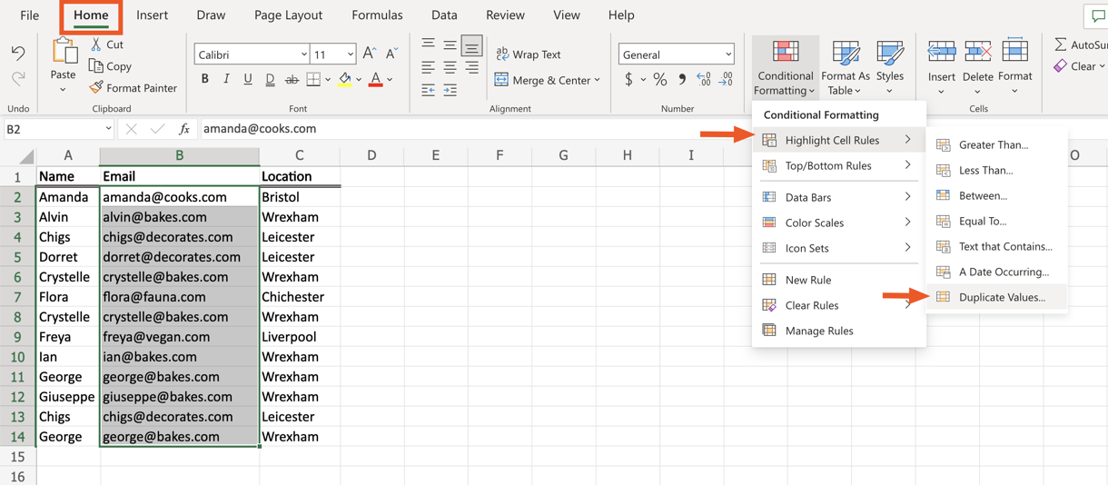 An Excel worksheet with data in columns A to C (name, email, and location, respectively). The home tab in the ribbon is highlighted. The conditional formatting tool's dropdown menus have arrows pointing to the options "highlight cell rules" and "duplicate values."